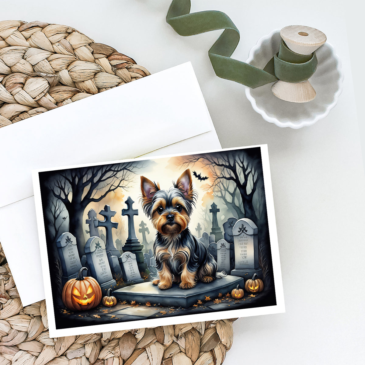 Caroline's Treasures DAC2061GCA7P Yorkshire Terrier Spooky Halloween Greeting Cards and Envelopes Pack of 8 Blank Cards with Envelopes Whimsical A7 Size 5x7 Blank Greeting Cards