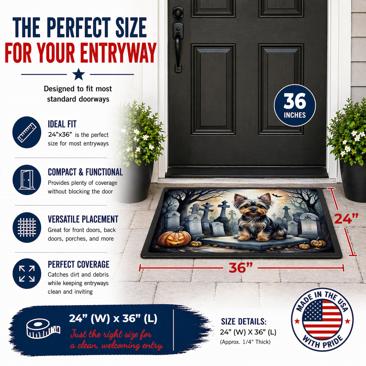 Caroline's Treasures DAC2061JMAT Yorkshire Terrier Spooky Halloween Indoor or Outdoor Mat 24x36 Front Door Mat Indoor Outdoor Rugs for Entryway, Non Slip Washable Low Pile, 24H X 36W