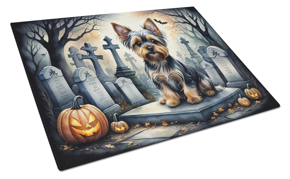 Caroline's Treasures DAC2061LCB Yorkshire Terrier Spooky Halloween Glass Cutting Board Large Decorative Tempered Glass Kitchen Cutting and Serving Board Large Size Chopping Board