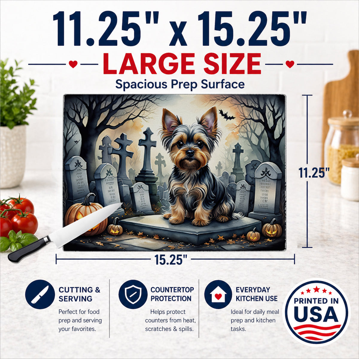 Caroline's Treasures DAC2061LCB Yorkshire Terrier Spooky Halloween Glass Cutting Board Large Decorative Tempered Glass Kitchen Cutting and Serving Board Large Size Chopping Board