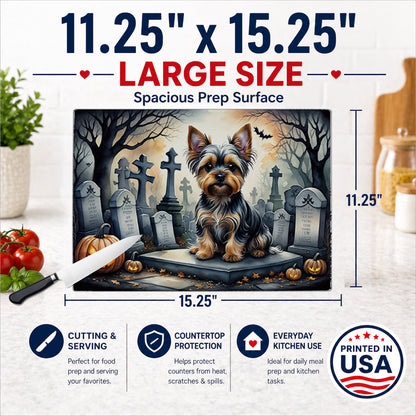 Caroline's Treasures DAC2061LCB Yorkshire Terrier Spooky Halloween Glass Cutting Board Large Decorative Tempered Glass Kitchen Cutting and Serving Board Large Size Chopping Board