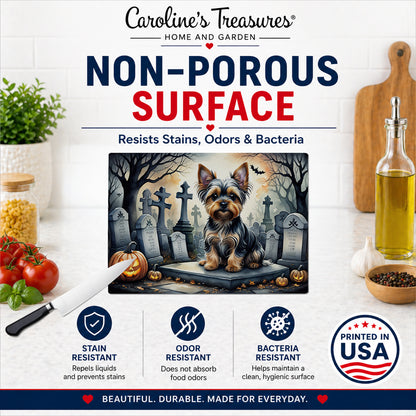Caroline's Treasures DAC2061LCB Yorkshire Terrier Spooky Halloween Glass Cutting Board Large Decorative Tempered Glass Kitchen Cutting and Serving Board Large Size Chopping Board