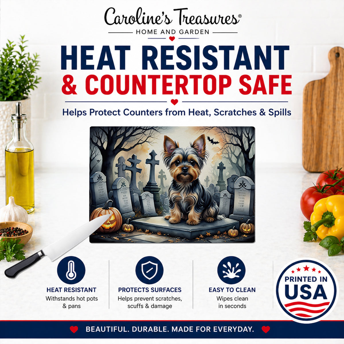 Caroline's Treasures DAC2061LCB Yorkshire Terrier Spooky Halloween Glass Cutting Board Large Decorative Tempered Glass Kitchen Cutting and Serving Board Large Size Chopping Board