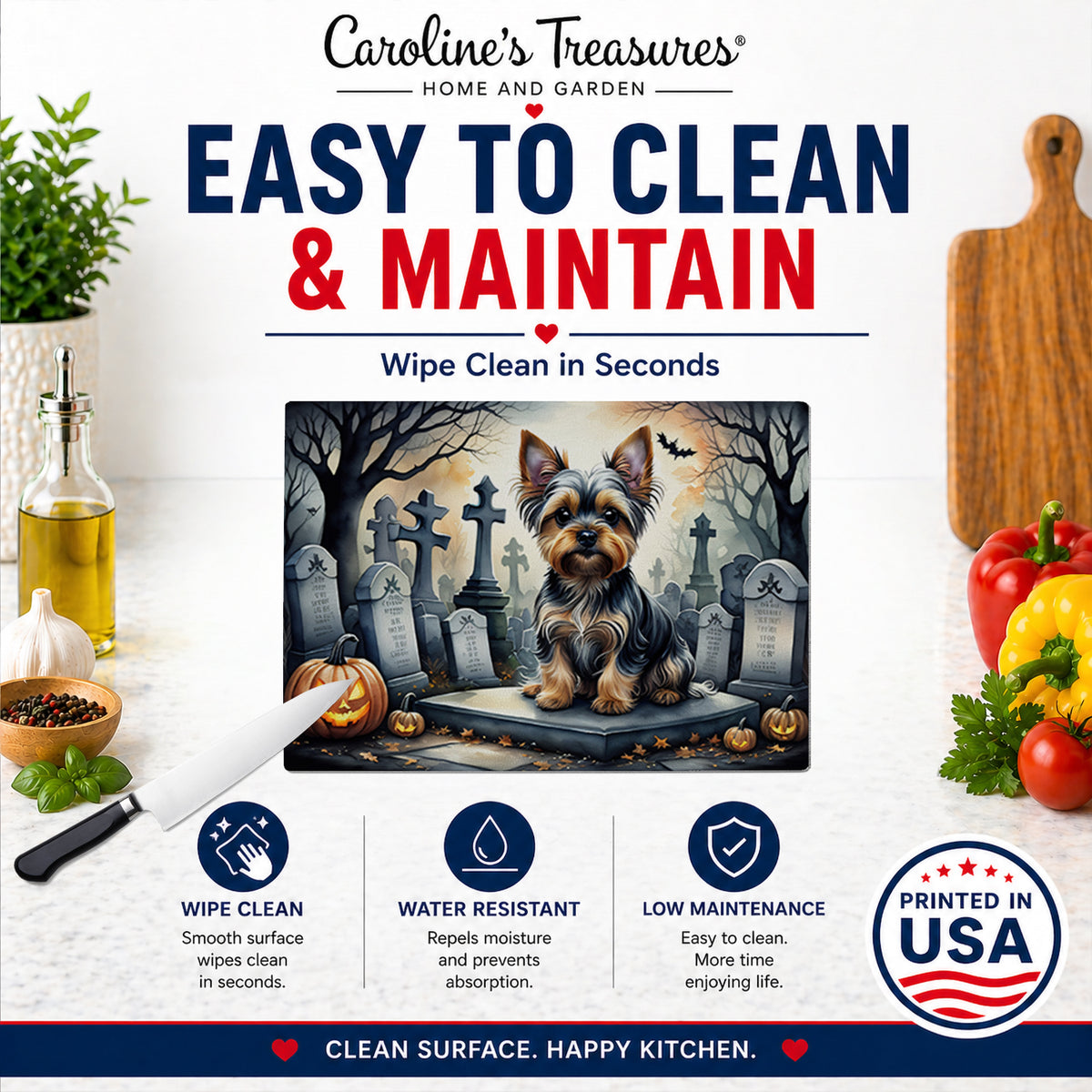 Caroline's Treasures DAC2061LCB Yorkshire Terrier Spooky Halloween Glass Cutting Board Large Decorative Tempered Glass Kitchen Cutting and Serving Board Large Size Chopping Board