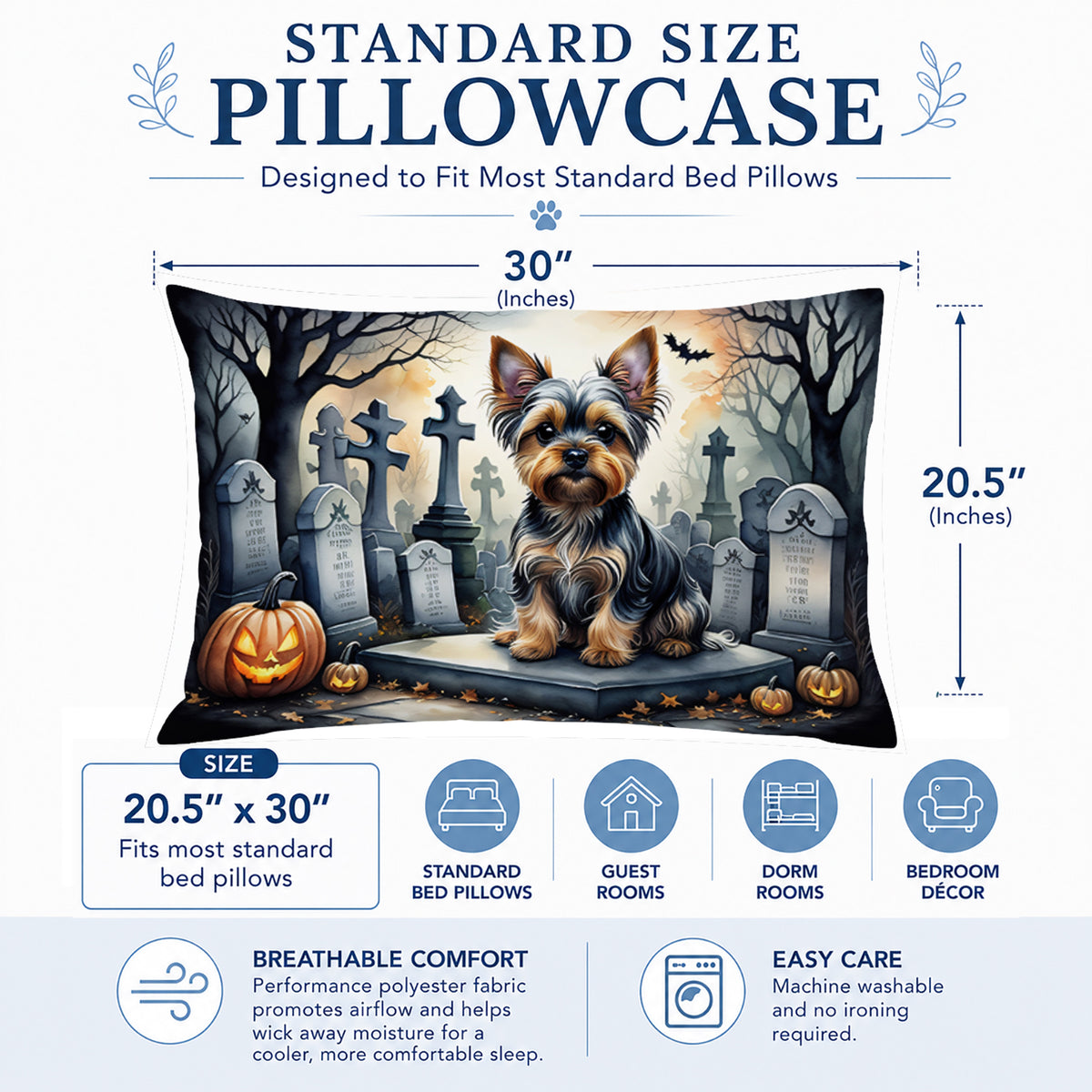 Caroline's Treasures DAC2061PILLOWCASE Yorkshire Terrier Spooky Halloween Fabric Standard Pillowcase Lightweight Super Soft Easy Care Decorative Artwork Pillowcase, Standard