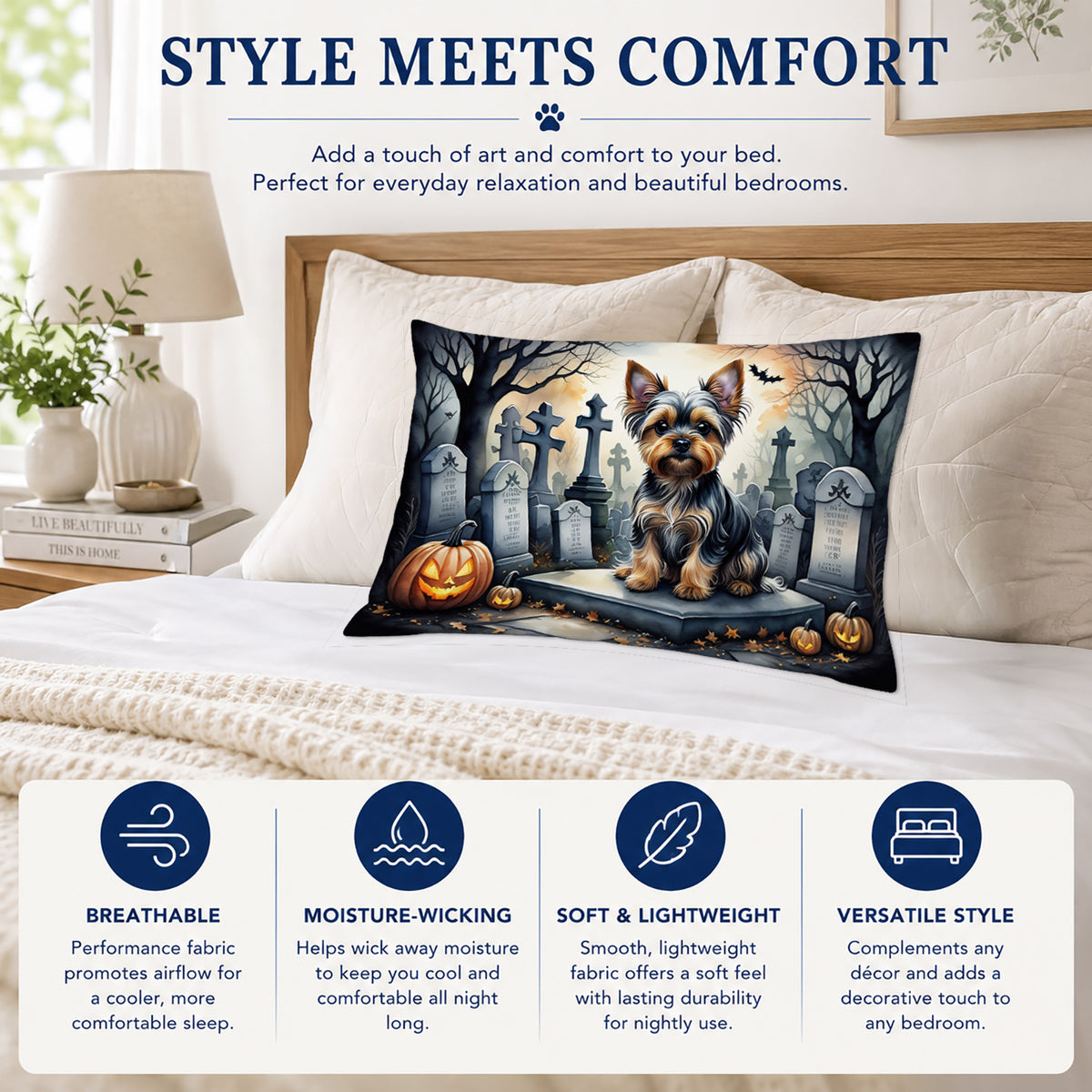 Caroline's Treasures DAC2061PILLOWCASE Yorkshire Terrier Spooky Halloween Fabric Standard Pillowcase Lightweight Super Soft Easy Care Decorative Artwork Pillowcase, Standard