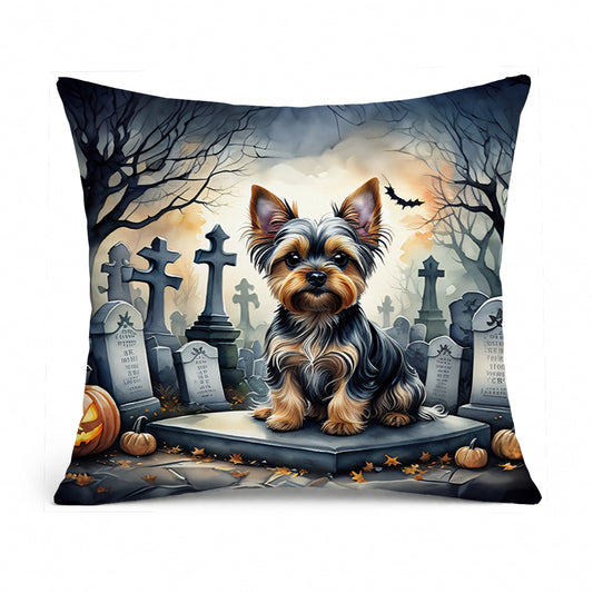Caroline's Treasures DAC2061PW1414 Yorkshire Terrier Spooky Halloween Fabric Decorative Pillow Machine Washable, Indoor Outdoor Decorative Pillow for Couch, Bed or Patio, 14Hx14W