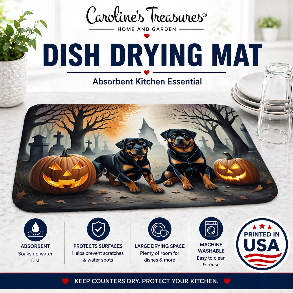 Caroline's Treasures DAC2062DDM Rottweiler Spooky Halloween Dish Drying Mat Absorbent Dish Drying Mat Pad for Kitchen Counter Dish Drainer Mat for Countertop, 14 x 21, Multicolor