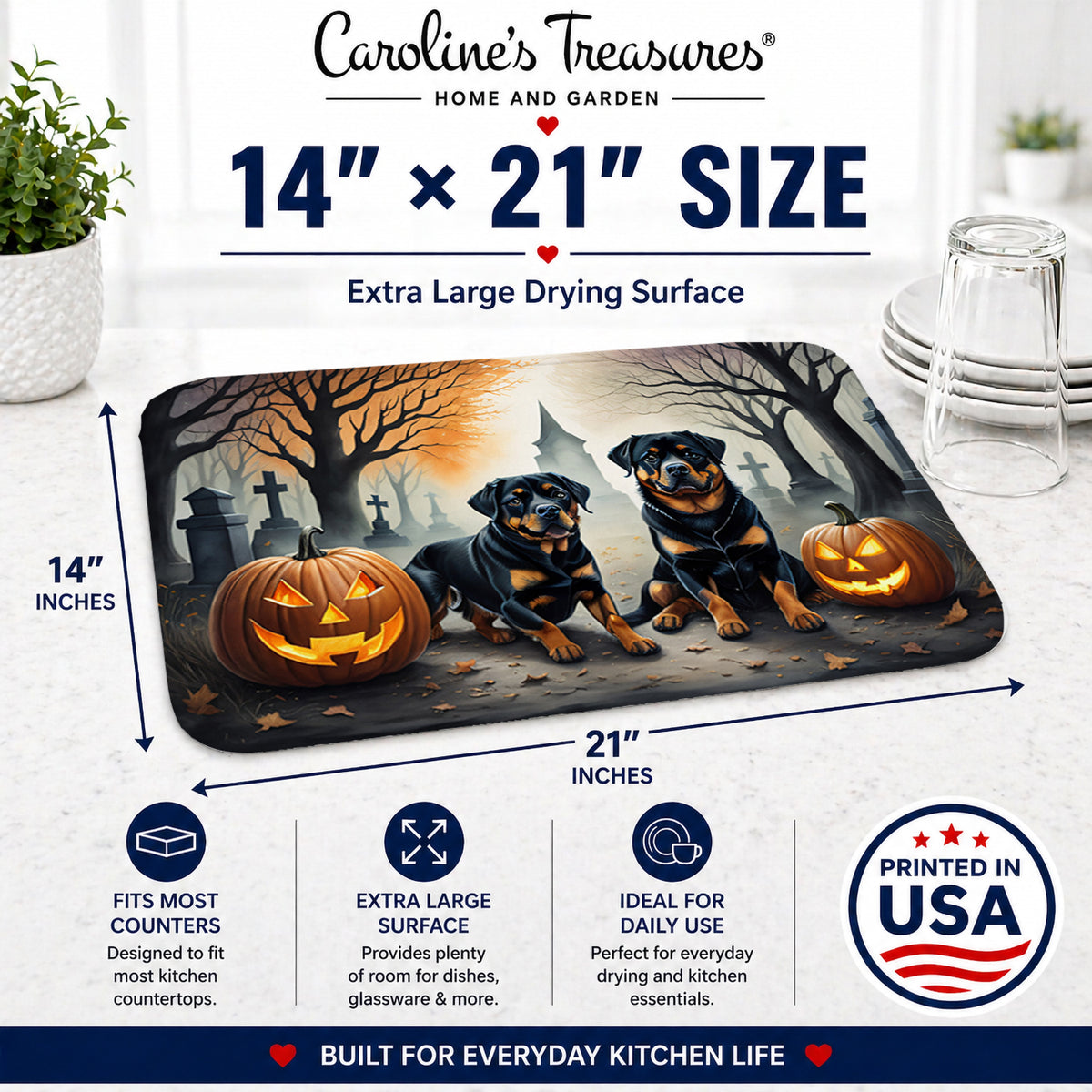 Caroline's Treasures DAC2062DDM Rottweiler Spooky Halloween Dish Drying Mat Absorbent Dish Drying Mat Pad for Kitchen Counter Dish Drainer Mat for Countertop, 14 x 21, Multicolor