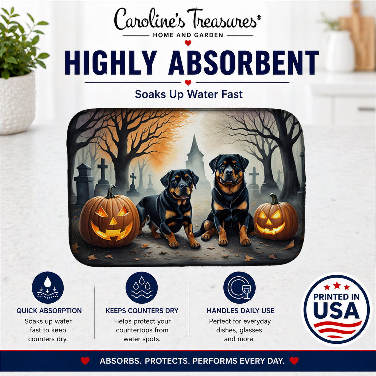 Caroline's Treasures DAC2062DDM Rottweiler Spooky Halloween Dish Drying Mat Absorbent Dish Drying Mat Pad for Kitchen Counter Dish Drainer Mat for Countertop, 14 x 21, Multicolor