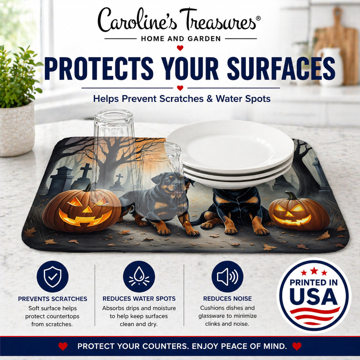 Caroline's Treasures DAC2062DDM Rottweiler Spooky Halloween Dish Drying Mat Absorbent Dish Drying Mat Pad for Kitchen Counter Dish Drainer Mat for Countertop, 14 x 21, Multicolor