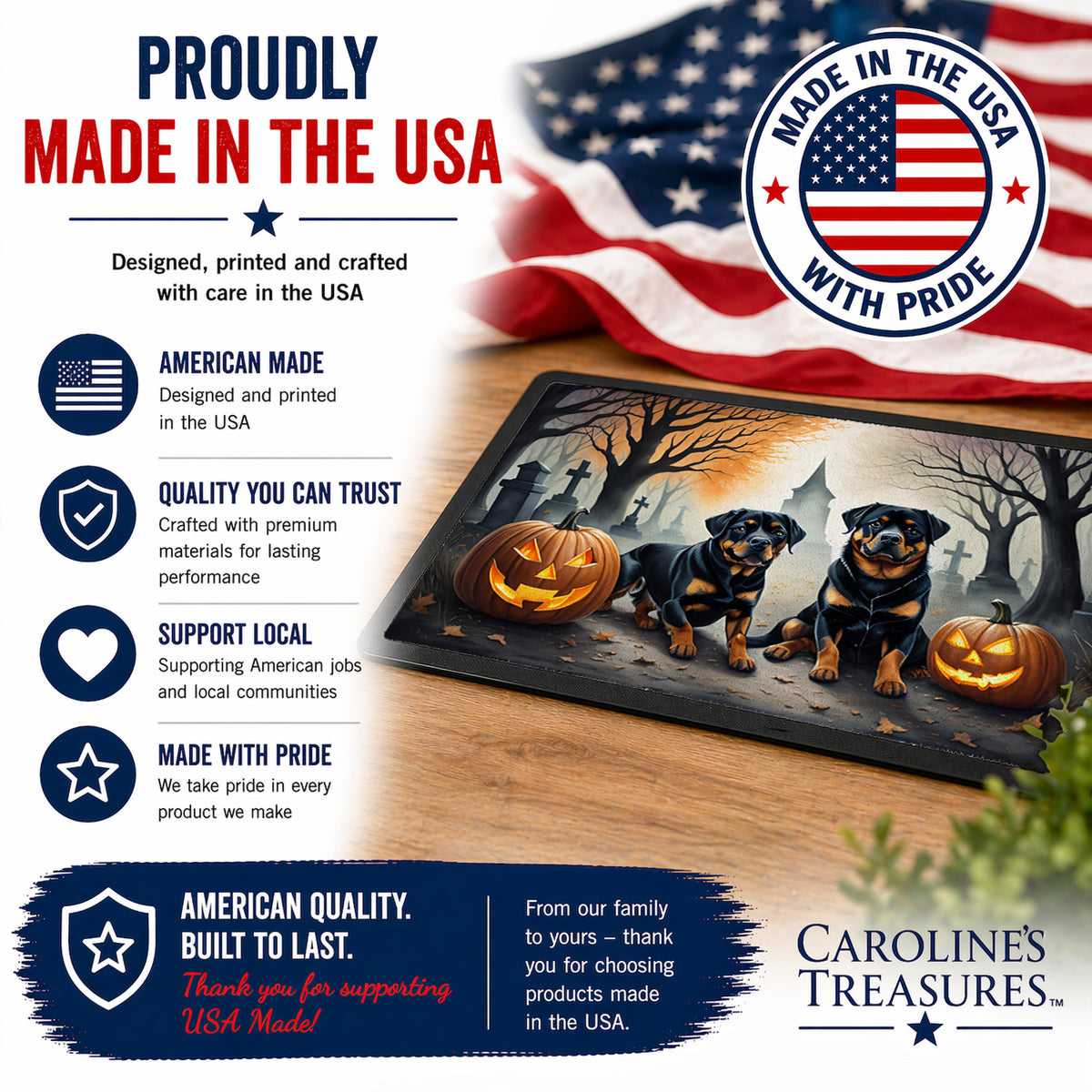 Caroline's Treasures DAC2062JMAT Rottweiler Spooky Halloween Indoor or Outdoor Mat 24x36 Front Door Mat Indoor Outdoor Rugs for Entryway, Non Slip Washable Low Pile, 24H X 36W