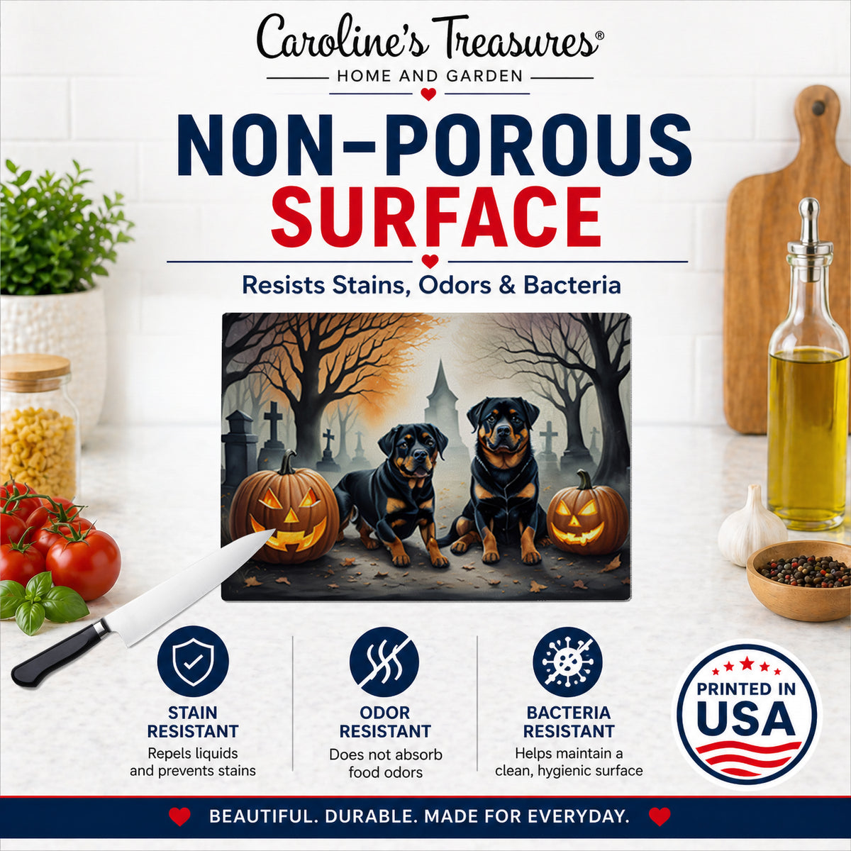 Caroline's Treasures DAC2062LCB Rottweiler Spooky Halloween Glass Cutting Board Large Decorative Tempered Glass Kitchen Cutting and Serving Board Large Size Chopping Board