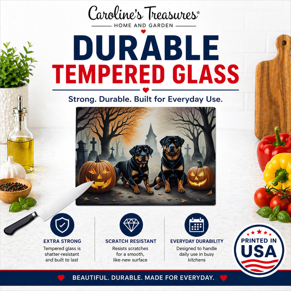 Caroline's Treasures DAC2062LCB Rottweiler Spooky Halloween Glass Cutting Board Large Decorative Tempered Glass Kitchen Cutting and Serving Board Large Size Chopping Board