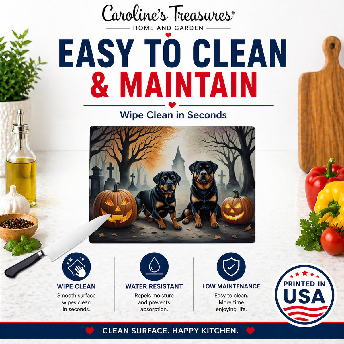 Caroline's Treasures DAC2062LCB Rottweiler Spooky Halloween Glass Cutting Board Large Decorative Tempered Glass Kitchen Cutting and Serving Board Large Size Chopping Board