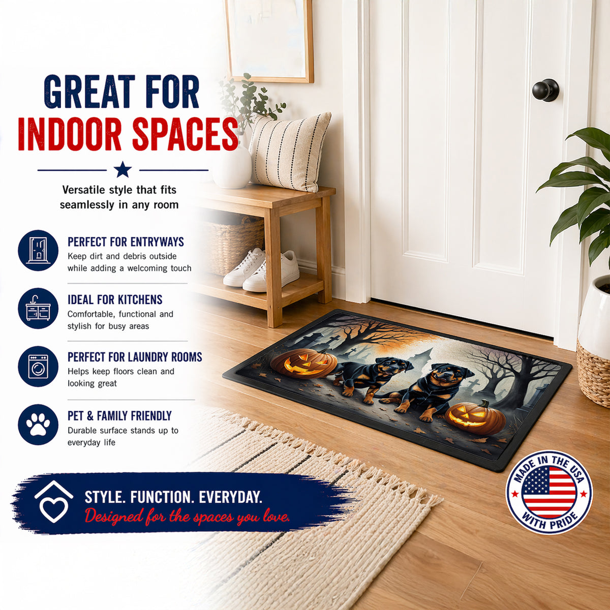 Caroline's Treasures DAC2062MAT Rottweiler Spooky Halloween Doormat 18x27 Front Door Mat Indoor Outdoor Rugs for Entryway, Non Slip Washable Low Pile, 18H X 27W