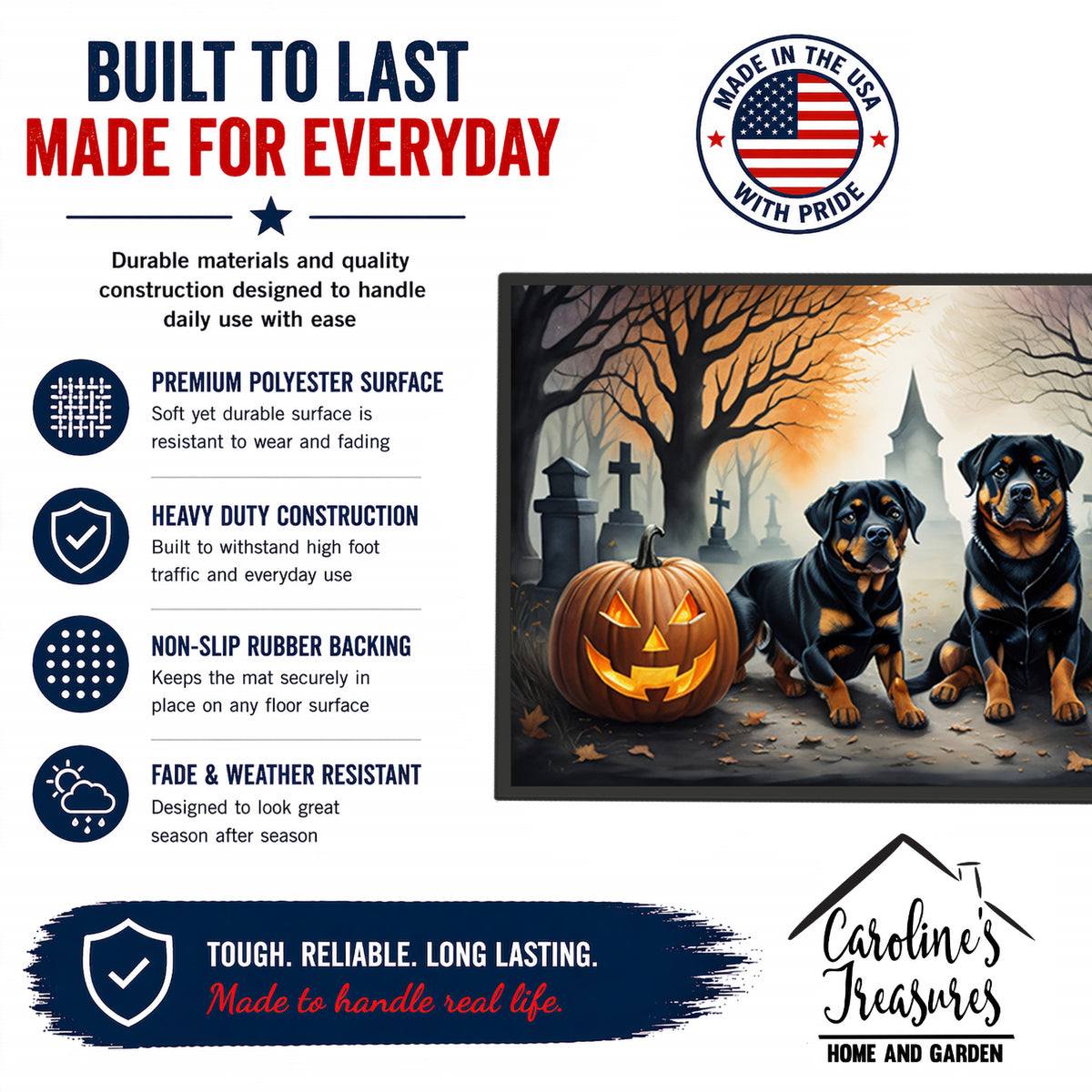 Caroline's Treasures DAC2062MAT Rottweiler Spooky Halloween Doormat 18x27 Front Door Mat Indoor Outdoor Rugs for Entryway, Non Slip Washable Low Pile, 18H X 27W