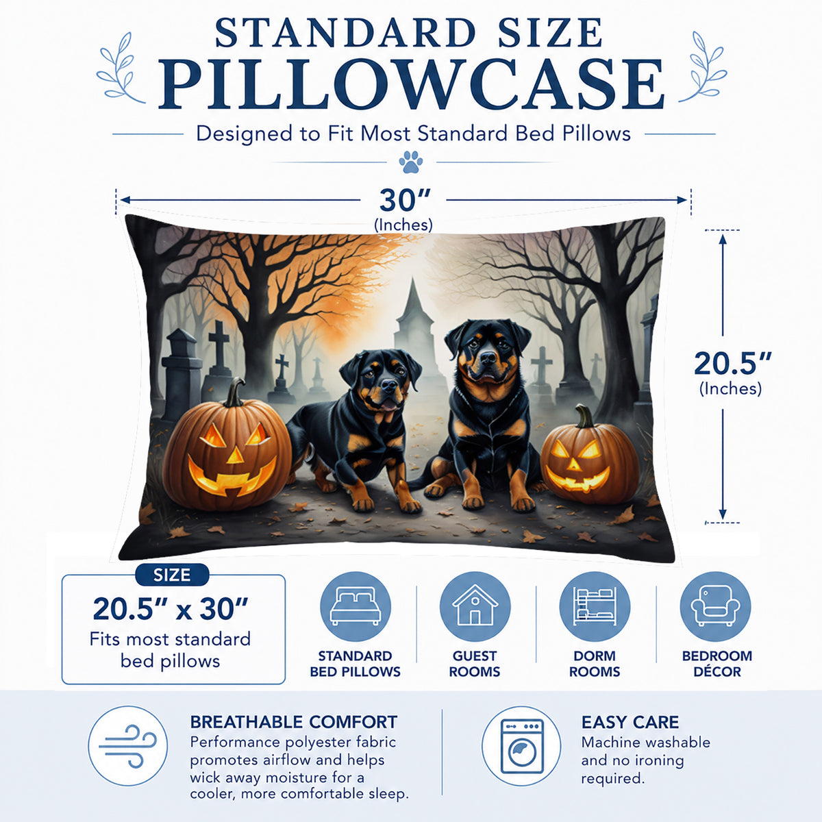 Caroline's Treasures DAC2062PILLOWCASE Rottweiler Spooky Halloween Fabric Standard Pillowcase Lightweight Super Soft Easy Care Decorative Artwork Pillowcase, Standard