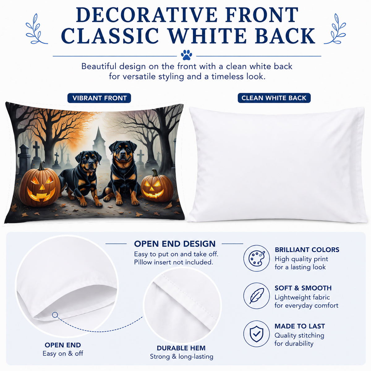 Caroline's Treasures DAC2062PILLOWCASE Rottweiler Spooky Halloween Fabric Standard Pillowcase Lightweight Super Soft Easy Care Decorative Artwork Pillowcase, Standard