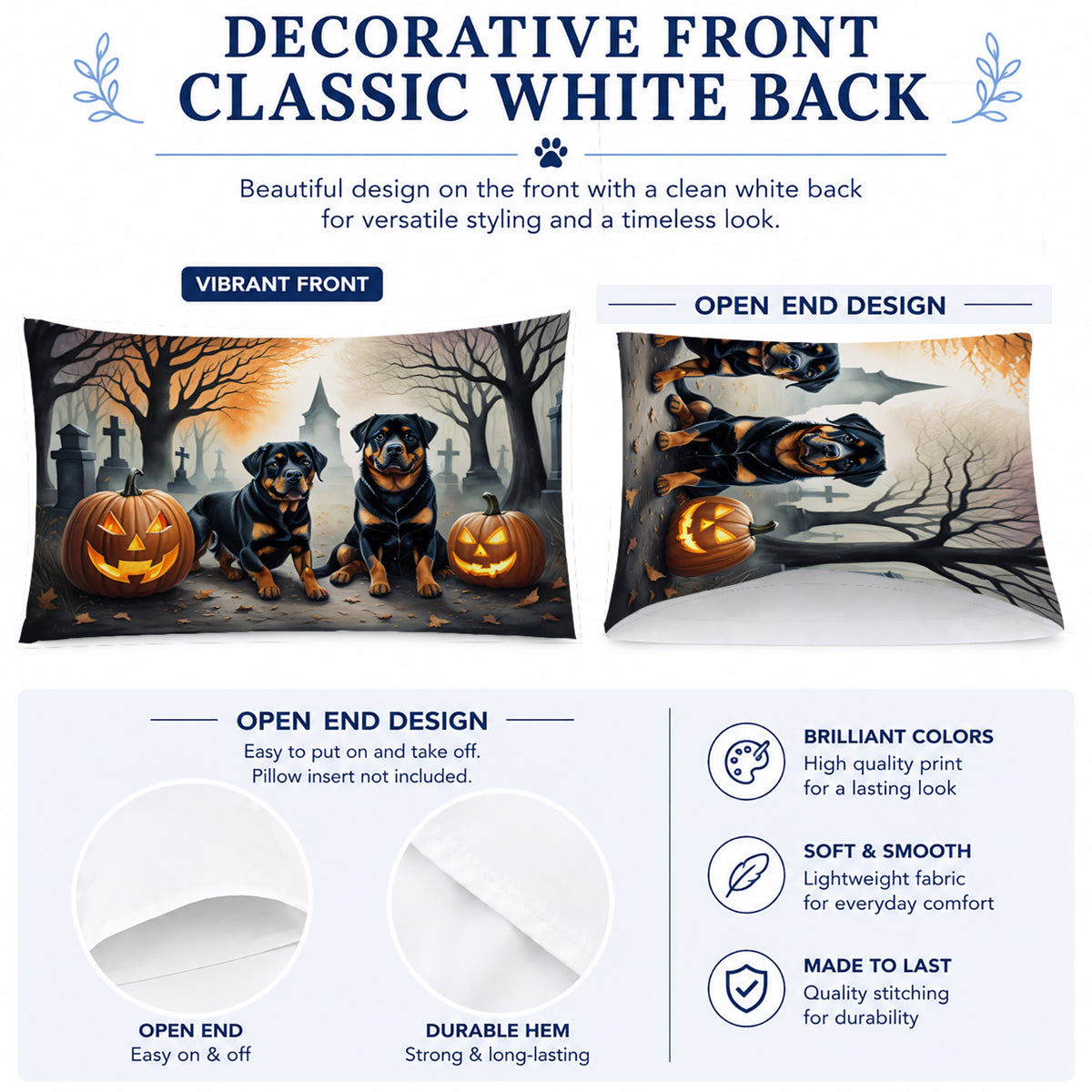 Caroline's Treasures DAC2062PILLOWCASE Rottweiler Spooky Halloween Fabric Standard Pillowcase Lightweight Super Soft Easy Care Decorative Artwork Pillowcase, Standard