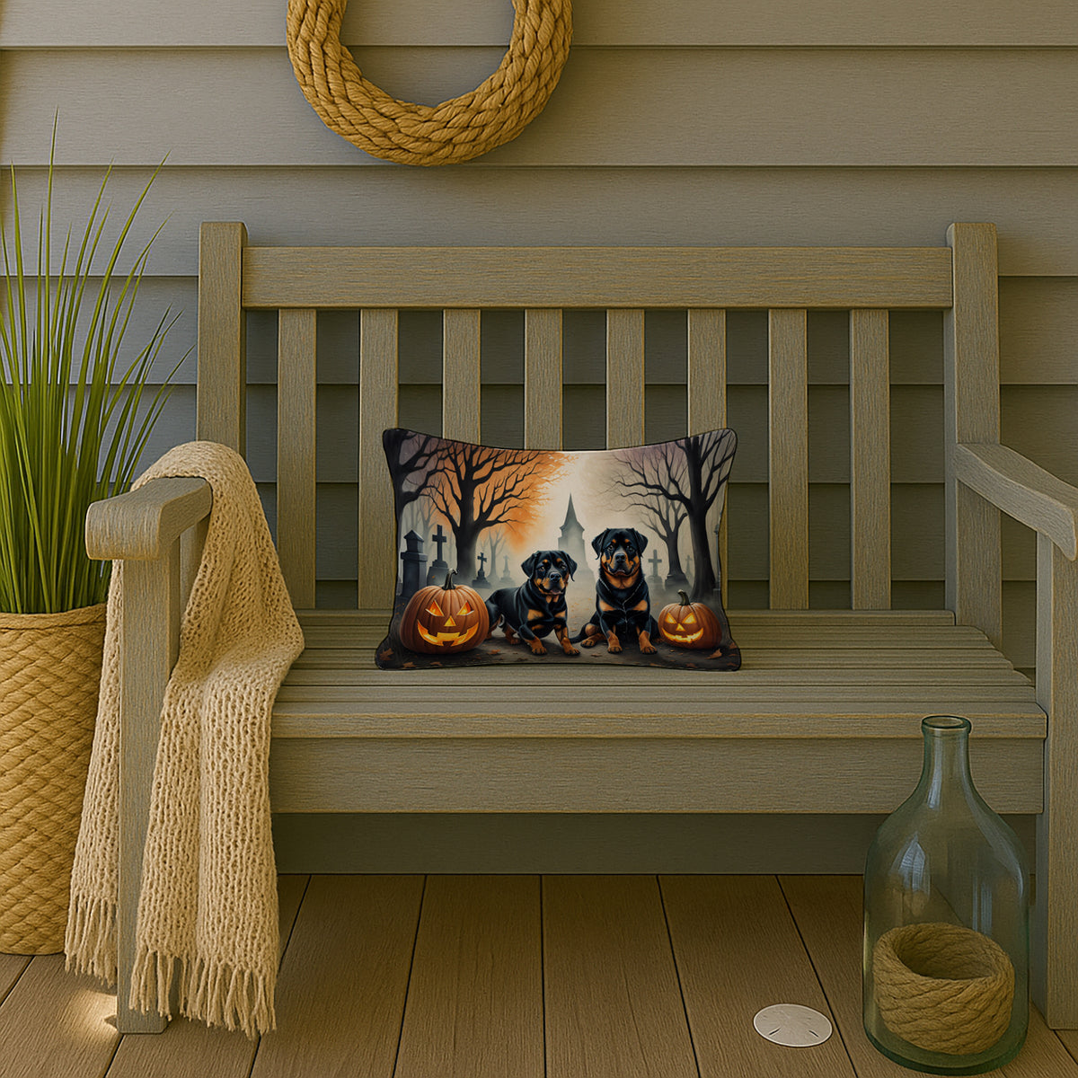 Caroline's Treasures DAC2062PW1216 Rottweiler Spooky Halloween Fabric Decorative Pillow Machine Washable, Indoor Outdoor Decorative Pillow for Couch, Bed or Patio, 12HX16W