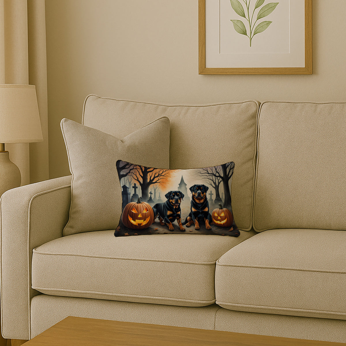 Caroline's Treasures DAC2062PW1216 Rottweiler Spooky Halloween Fabric Decorative Pillow Machine Washable, Indoor Outdoor Decorative Pillow for Couch, Bed or Patio, 12HX16W
