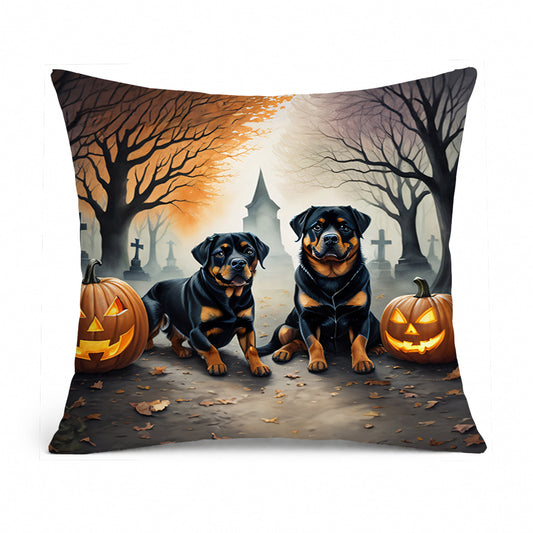 Caroline's Treasures DAC2062PW1414 Rottweiler Spooky Halloween Fabric Decorative Pillow Machine Washable, Indoor Outdoor Decorative Pillow for Couch, Bed or Patio, 14Hx14W