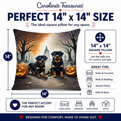 Caroline's Treasures DAC2062PW1414 Rottweiler Spooky Halloween Fabric Decorative Pillow Machine Washable, Indoor Outdoor Decorative Pillow for Couch, Bed or Patio, 14Hx14W