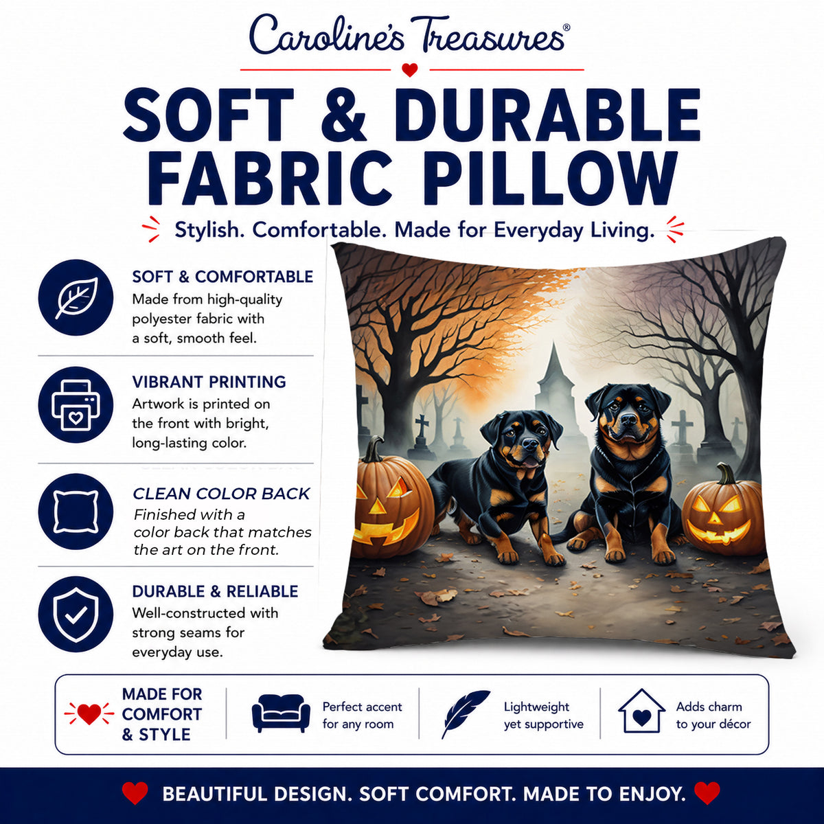 Caroline's Treasures DAC2062PW1818 Rottweiler Spooky Halloween Fabric Decorative Pillow Machine Washable, Indoor Outdoor Decorative Pillow for Couch, Bed or Patio, 18Hx18W