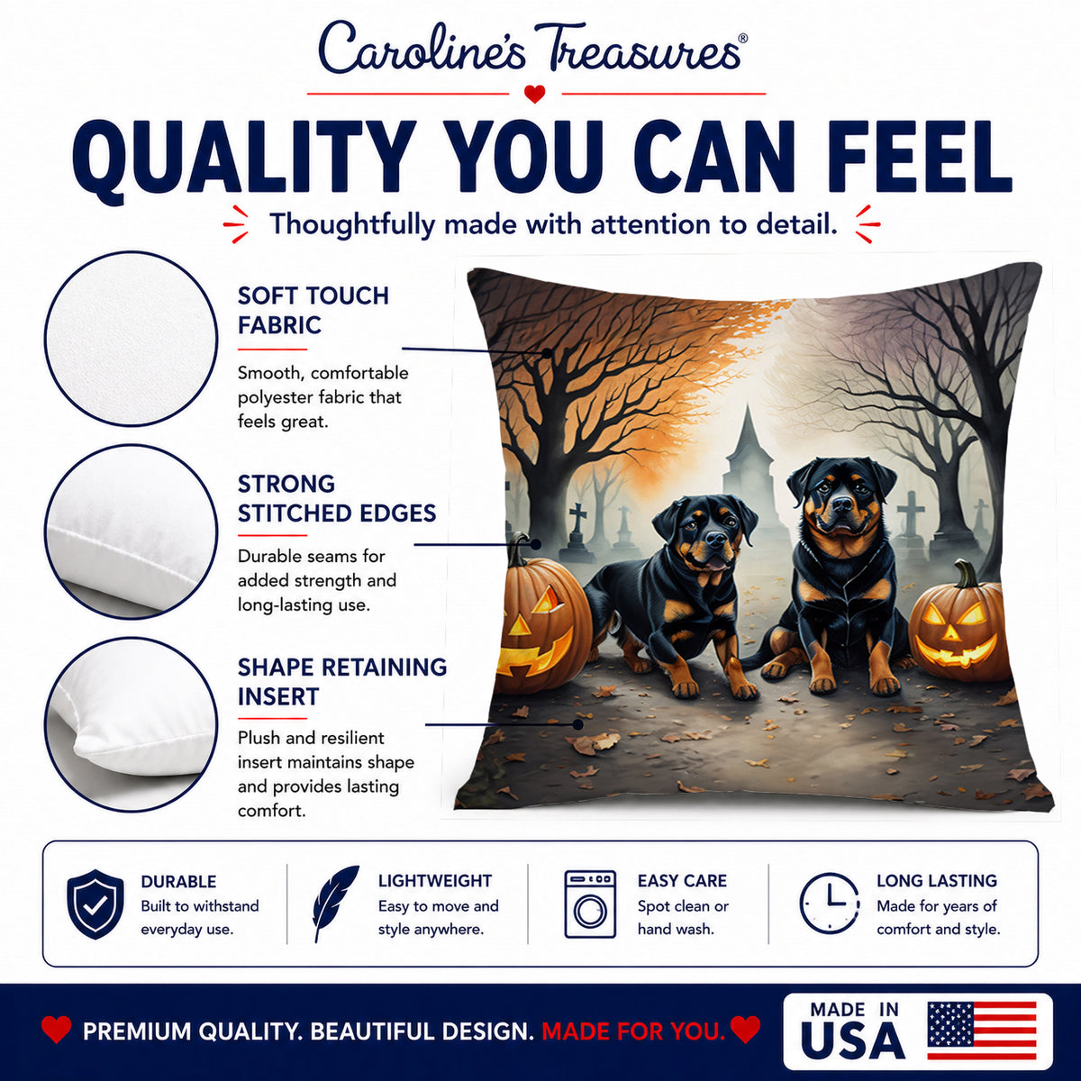 Caroline's Treasures DAC2062PW1818 Rottweiler Spooky Halloween Fabric Decorative Pillow Machine Washable, Indoor Outdoor Decorative Pillow for Couch, Bed or Patio, 18Hx18W