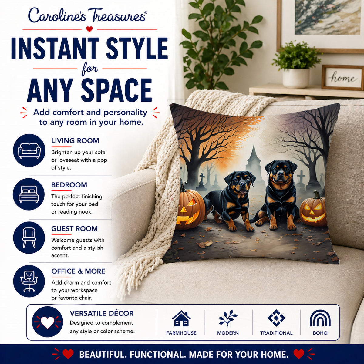 Caroline's Treasures DAC2062PW1818 Rottweiler Spooky Halloween Fabric Decorative Pillow Machine Washable, Indoor Outdoor Decorative Pillow for Couch, Bed or Patio, 18Hx18W