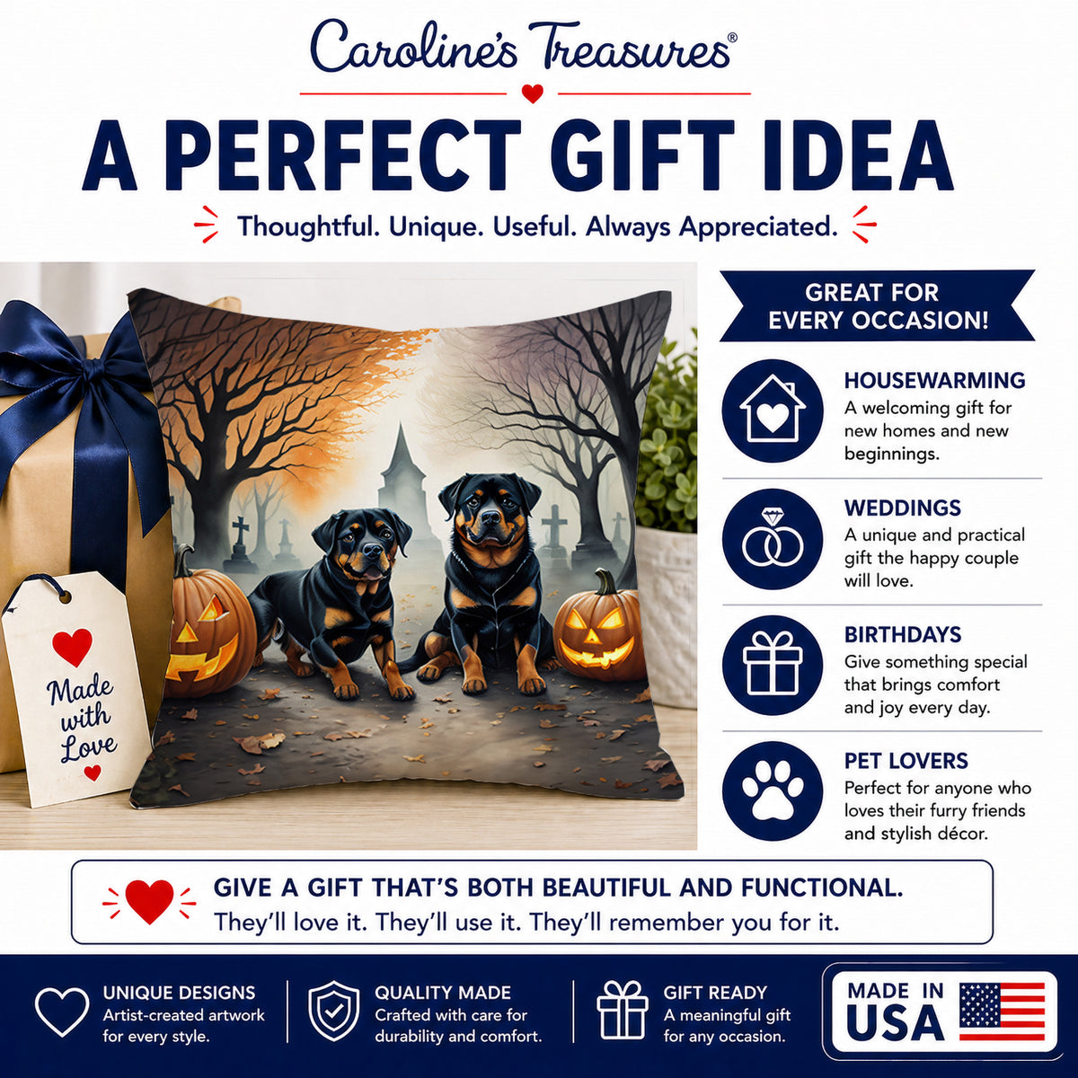 Caroline's Treasures DAC2062PW1818 Rottweiler Spooky Halloween Fabric Decorative Pillow Machine Washable, Indoor Outdoor Decorative Pillow for Couch, Bed or Patio, 18Hx18W