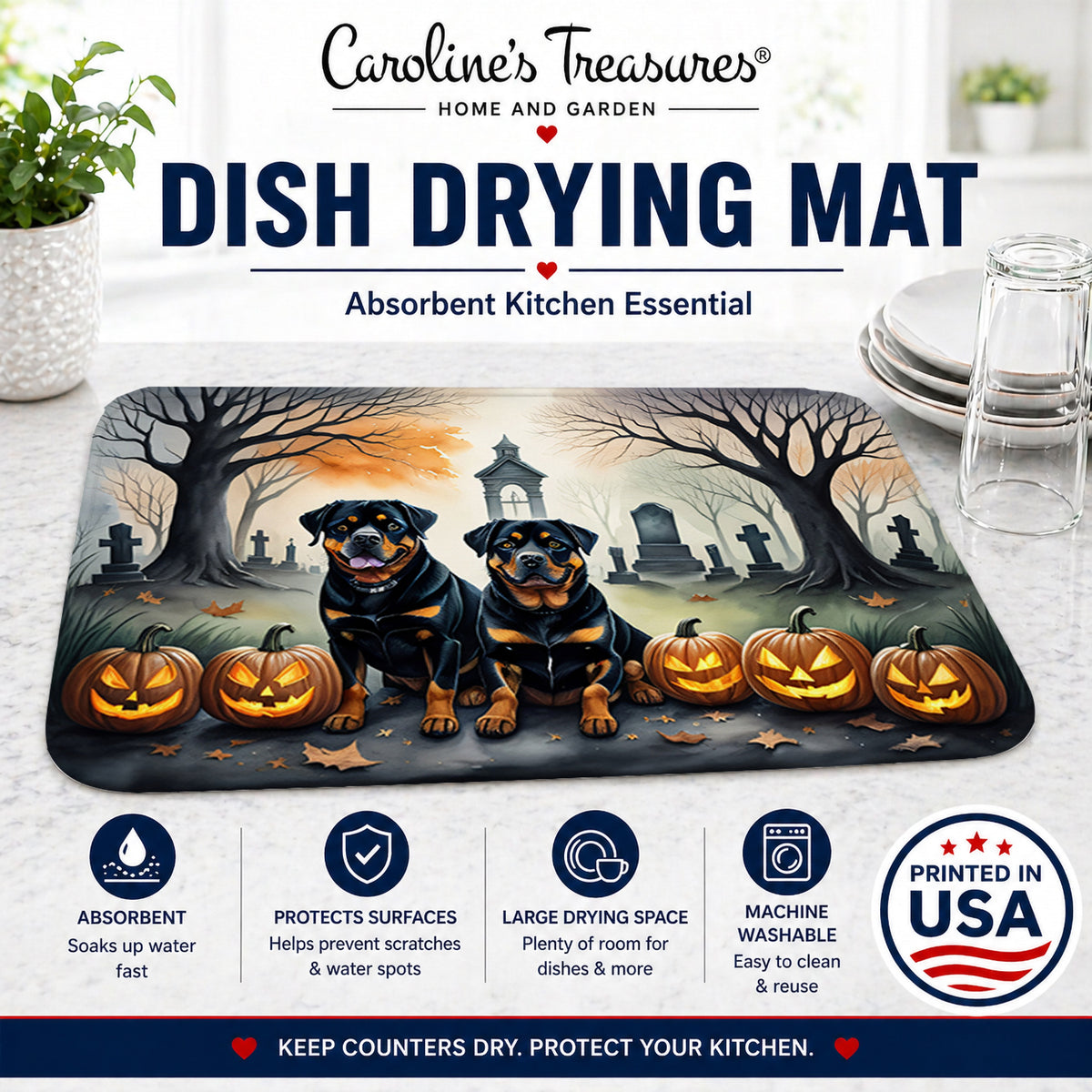 Caroline's Treasures DAC2063DDM Rottweiler Spooky Halloween Dish Drying Mat Absorbent Dish Drying Mat Pad for Kitchen Counter Dish Drainer Mat for Countertop, 14 x 21, Multicolor