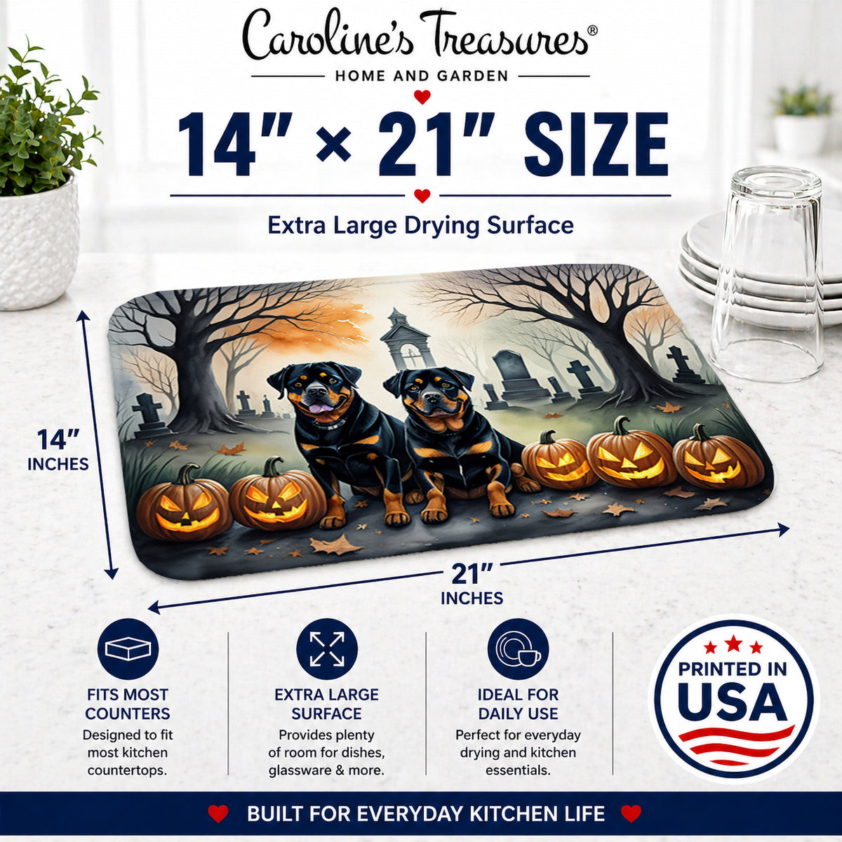 Caroline's Treasures DAC2063DDM Rottweiler Spooky Halloween Dish Drying Mat Absorbent Dish Drying Mat Pad for Kitchen Counter Dish Drainer Mat for Countertop, 14 x 21, Multicolor