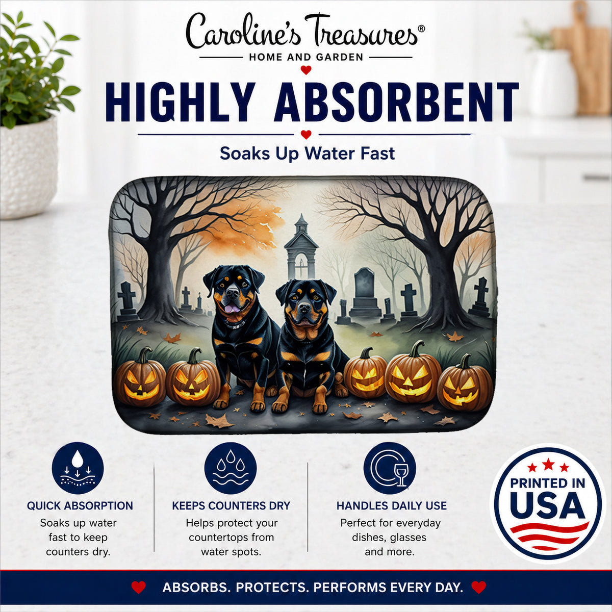 Caroline's Treasures DAC2063DDM Rottweiler Spooky Halloween Dish Drying Mat Absorbent Dish Drying Mat Pad for Kitchen Counter Dish Drainer Mat for Countertop, 14 x 21, Multicolor