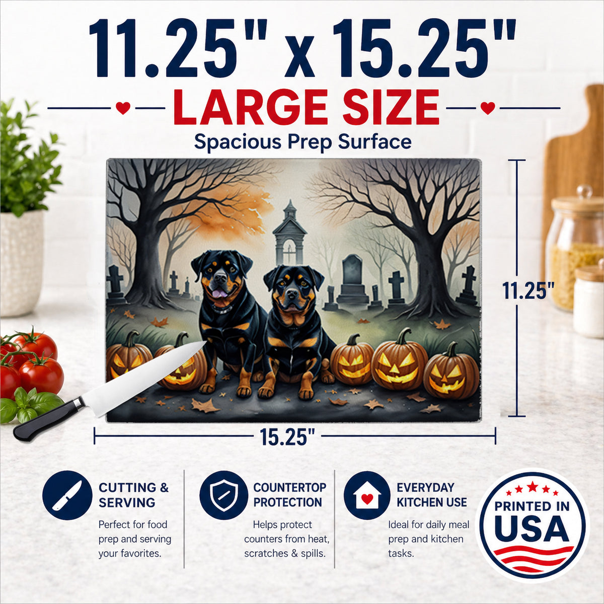 Caroline's Treasures DAC2063LCB Rottweiler Spooky Halloween Glass Cutting Board Large Decorative Tempered Glass Kitchen Cutting and Serving Board Large Size Chopping Board