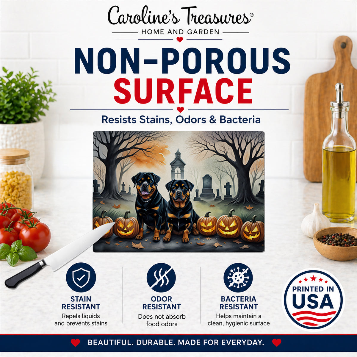 Caroline's Treasures DAC2063LCB Rottweiler Spooky Halloween Glass Cutting Board Large Decorative Tempered Glass Kitchen Cutting and Serving Board Large Size Chopping Board