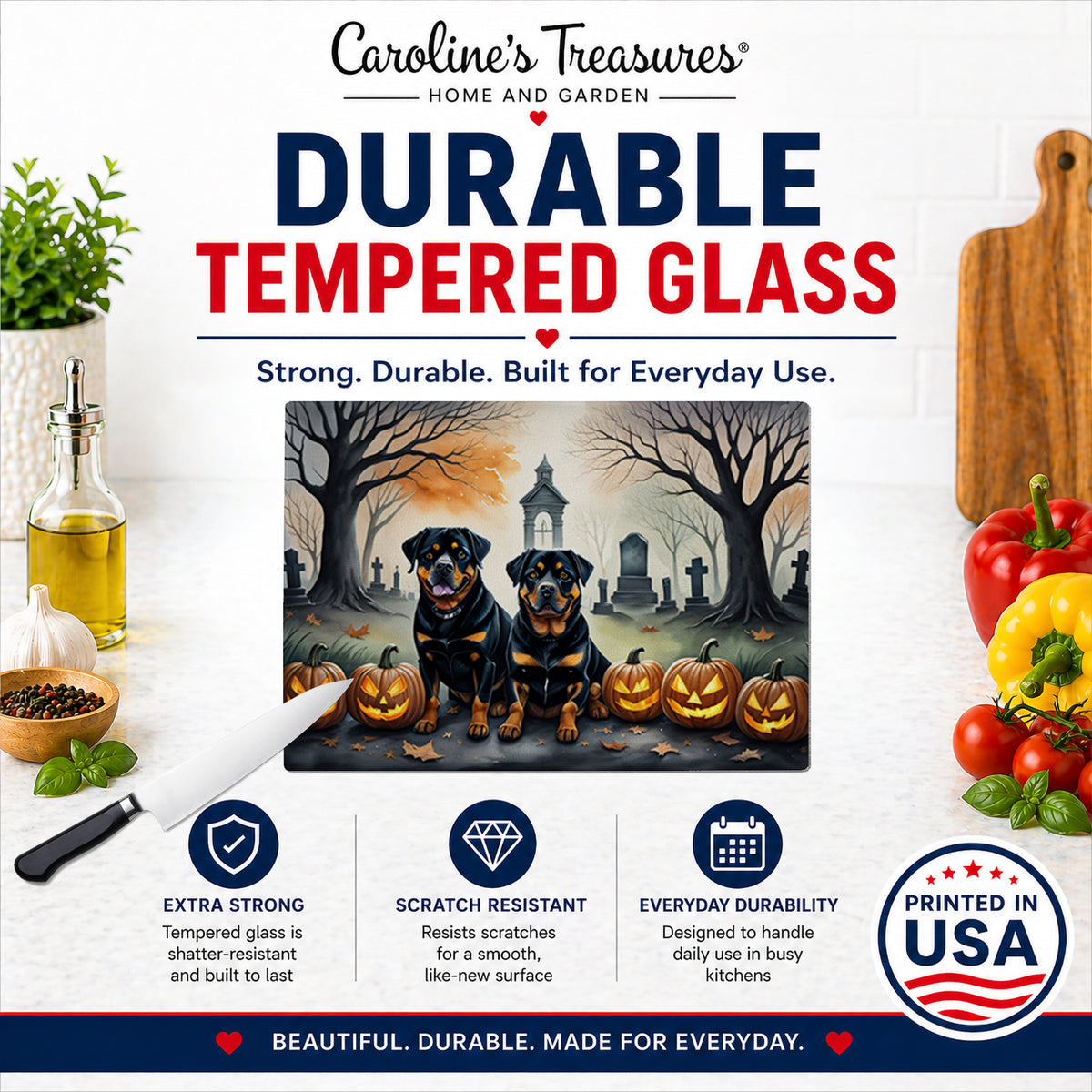 Caroline's Treasures DAC2063LCB Rottweiler Spooky Halloween Glass Cutting Board Large Decorative Tempered Glass Kitchen Cutting and Serving Board Large Size Chopping Board