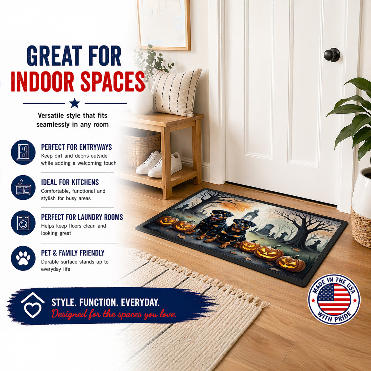 Caroline's Treasures DAC2063MAT Rottweiler Spooky Halloween Doormat 18x27 Front Door Mat Indoor Outdoor Rugs for Entryway, Non Slip Washable Low Pile, 18H X 27W