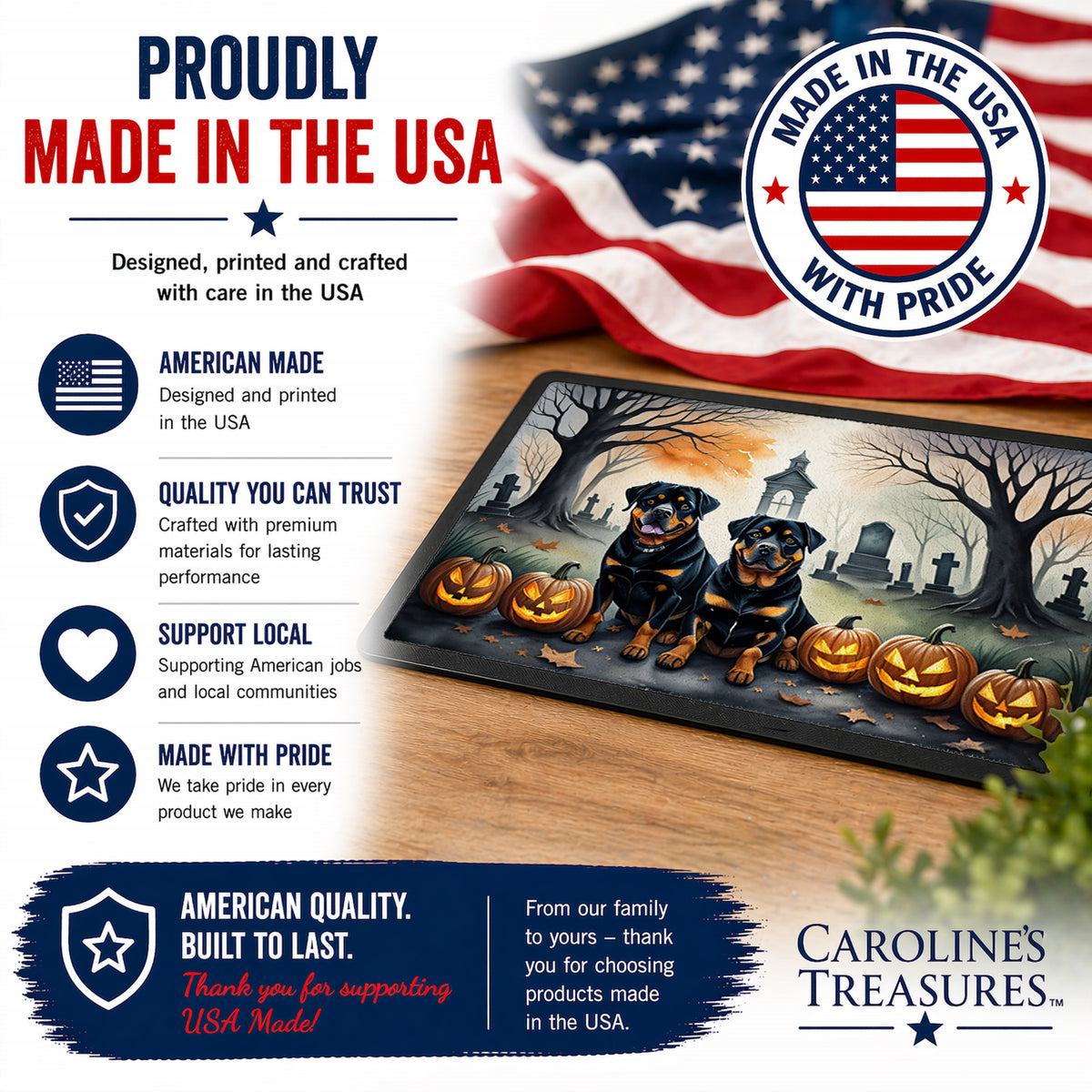 Caroline's Treasures DAC2063MAT Rottweiler Spooky Halloween Doormat 18x27 Front Door Mat Indoor Outdoor Rugs for Entryway, Non Slip Washable Low Pile, 18H X 27W