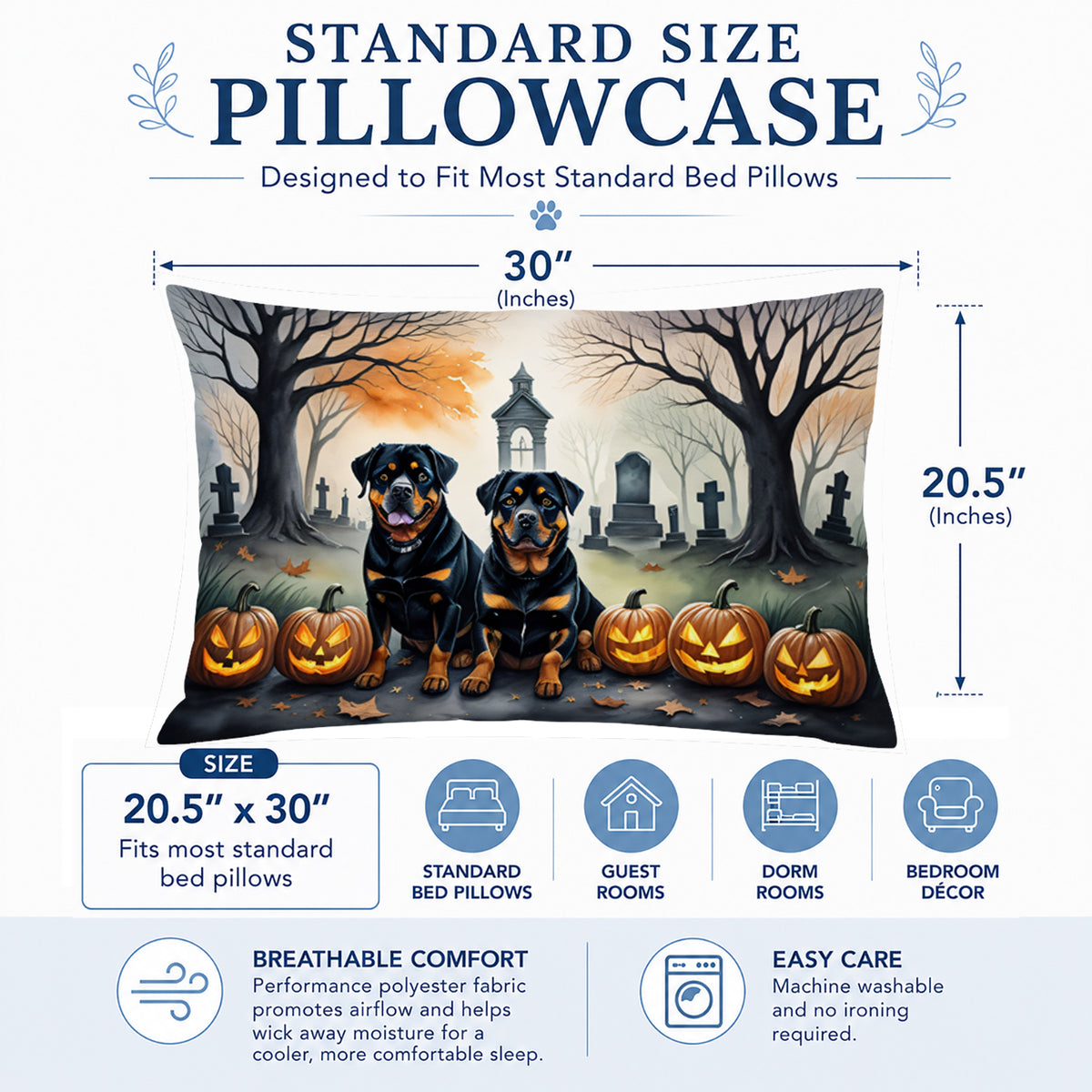 Caroline's Treasures DAC2063PILLOWCASE Rottweiler Spooky Halloween Fabric Standard Pillowcase Lightweight Super Soft Easy Care Decorative Artwork Pillowcase, Standard