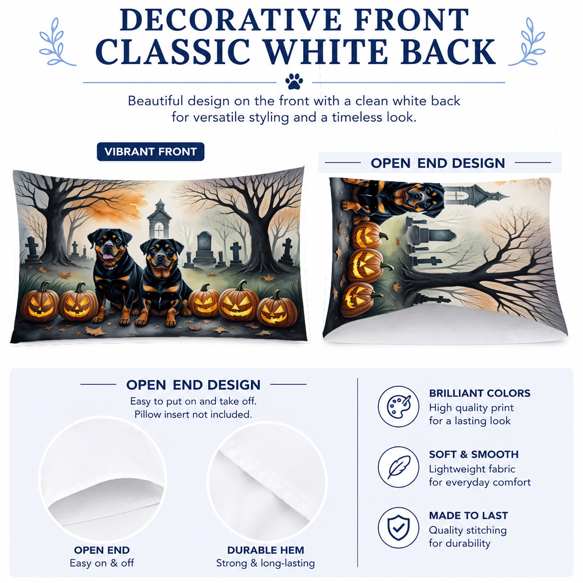 Caroline's Treasures DAC2063PILLOWCASE Rottweiler Spooky Halloween Fabric Standard Pillowcase Lightweight Super Soft Easy Care Decorative Artwork Pillowcase, Standard