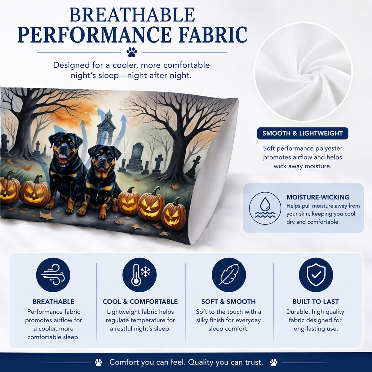 Caroline's Treasures DAC2063PILLOWCASE Rottweiler Spooky Halloween Fabric Standard Pillowcase Lightweight Super Soft Easy Care Decorative Artwork Pillowcase, Standard