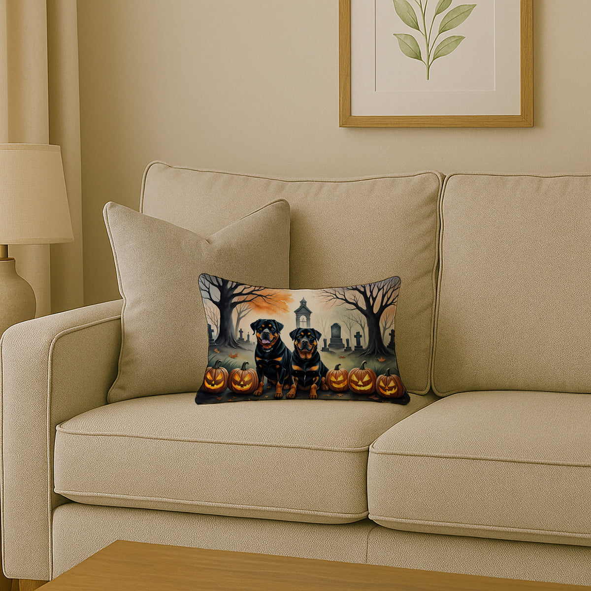 Caroline's Treasures DAC2063PW1216 Rottweiler Spooky Halloween Fabric Decorative Pillow Machine Washable, Indoor Outdoor Decorative Pillow for Couch, Bed or Patio, 12HX16W