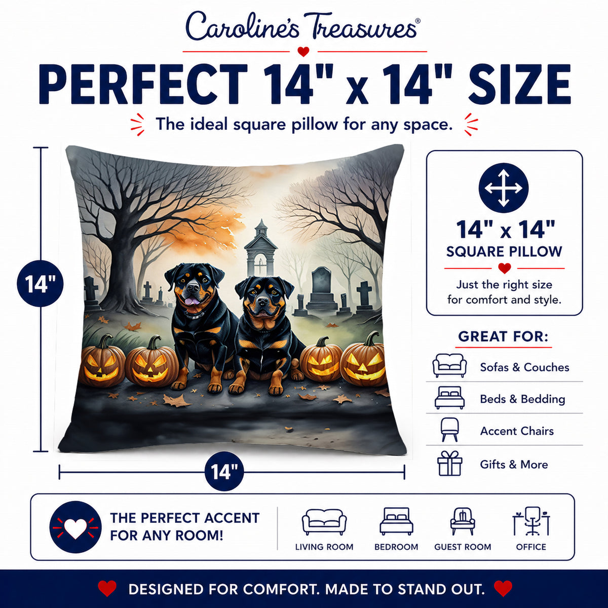 Caroline's Treasures DAC2063PW1414 Rottweiler Spooky Halloween Fabric Decorative Pillow Machine Washable, Indoor Outdoor Decorative Pillow for Couch, Bed or Patio, 14Hx14W