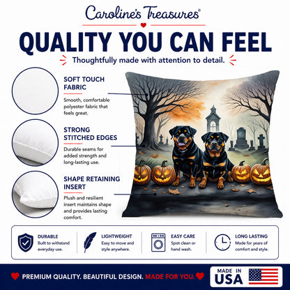 Caroline's Treasures DAC2063PW1414 Rottweiler Spooky Halloween Fabric Decorative Pillow Machine Washable, Indoor Outdoor Decorative Pillow for Couch, Bed or Patio, 14Hx14W
