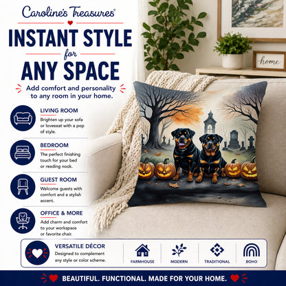 Caroline's Treasures DAC2063PW1414 Rottweiler Spooky Halloween Fabric Decorative Pillow Machine Washable, Indoor Outdoor Decorative Pillow for Couch, Bed or Patio, 14Hx14W