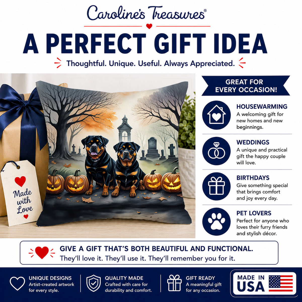Caroline's Treasures DAC2063PW1414 Rottweiler Spooky Halloween Fabric Decorative Pillow Machine Washable, Indoor Outdoor Decorative Pillow for Couch, Bed or Patio, 14Hx14W