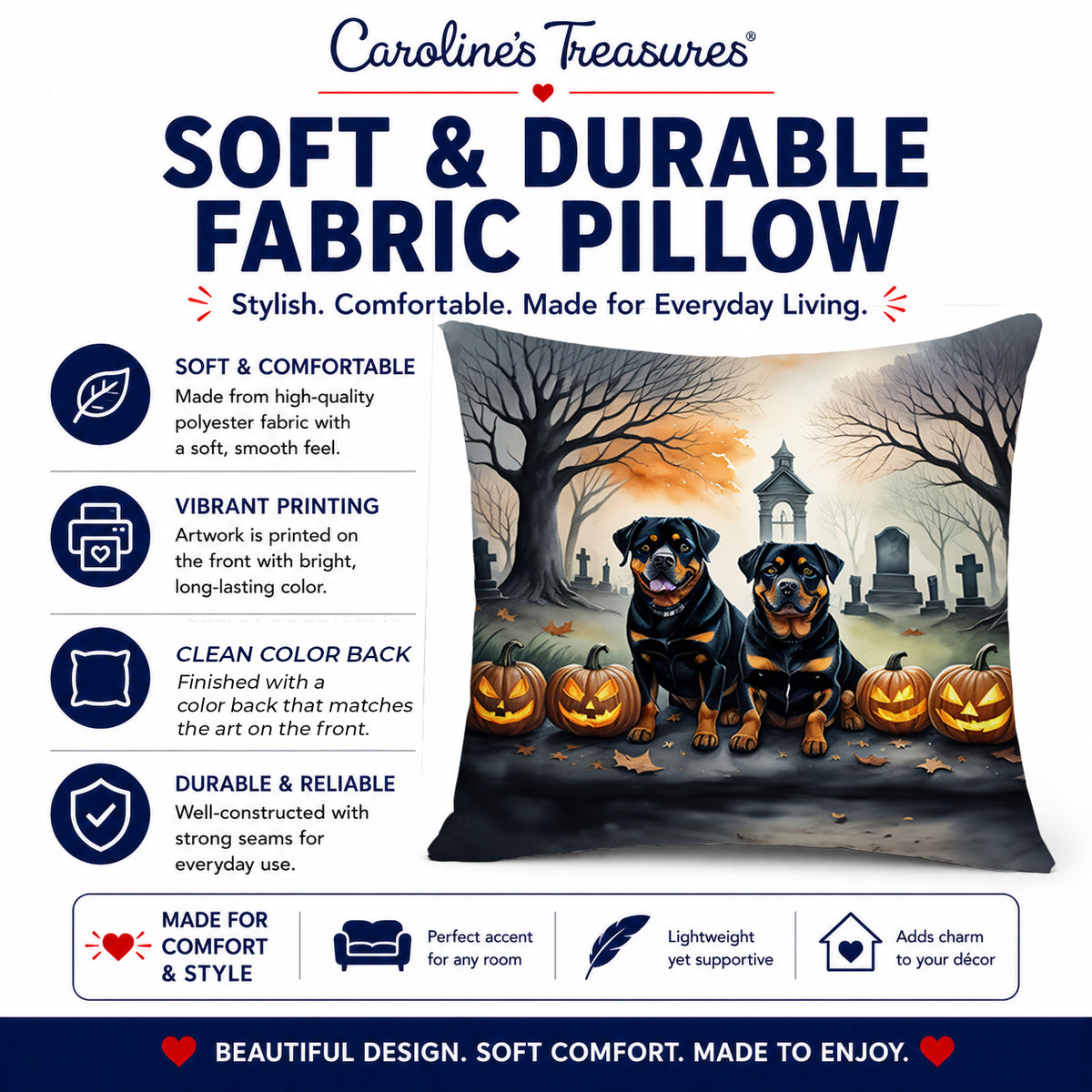 Caroline's Treasures DAC2063PW1818 Rottweiler Spooky Halloween Fabric Decorative Pillow Machine Washable, Indoor Outdoor Decorative Pillow for Couch, Bed or Patio, 18Hx18W