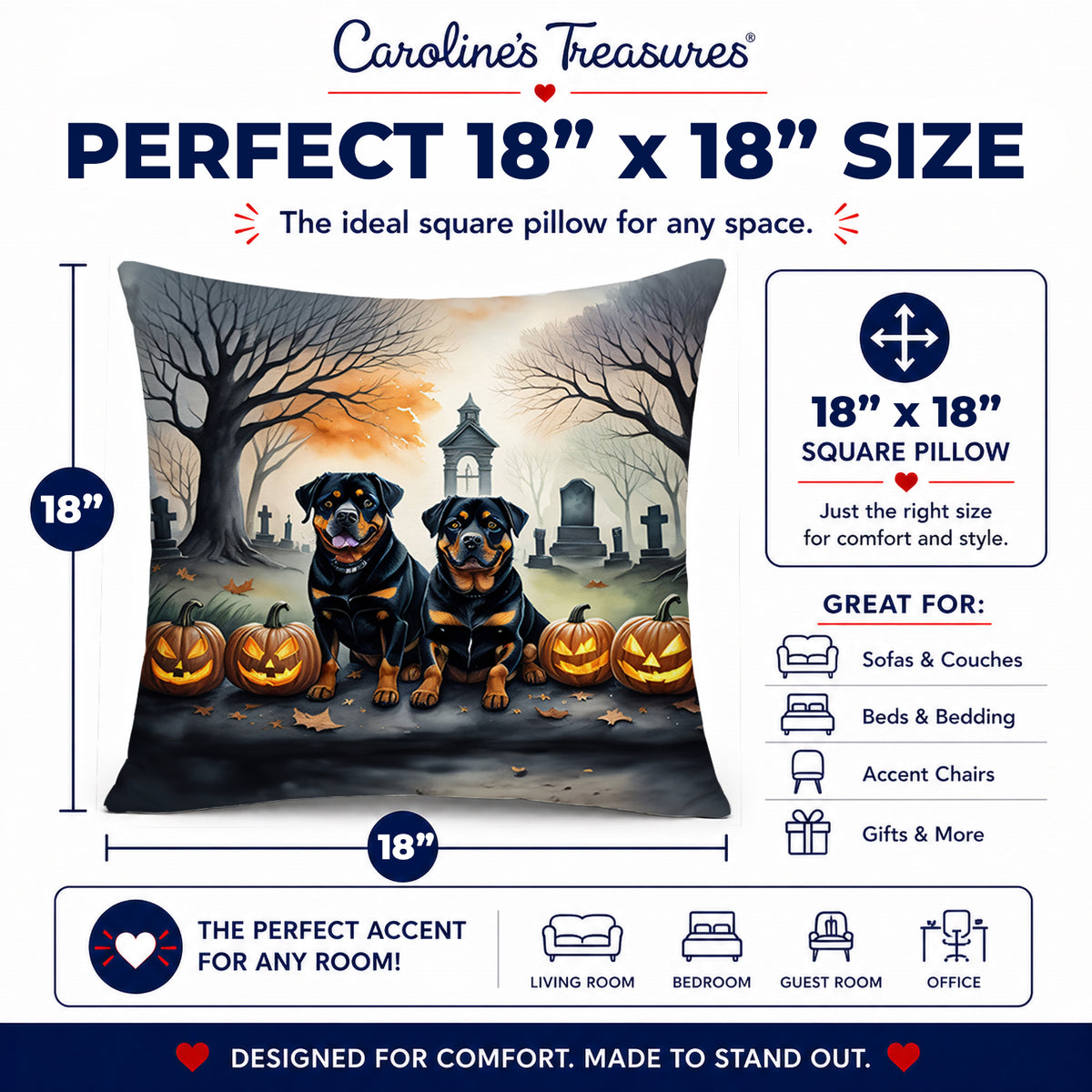 Caroline's Treasures DAC2063PW1818 Rottweiler Spooky Halloween Fabric Decorative Pillow Machine Washable, Indoor Outdoor Decorative Pillow for Couch, Bed or Patio, 18Hx18W
